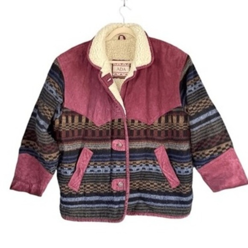 ADA Western Aztec Sherpa Lined Jacket‎ Coat Boho Southwestern Faux Suede Yoke M